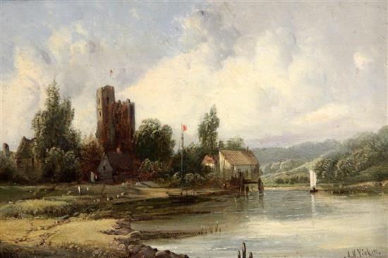 Alfred Henry Vickers (1853-1907) River landscape with cottages beside a castle, 8 x 11.75in.